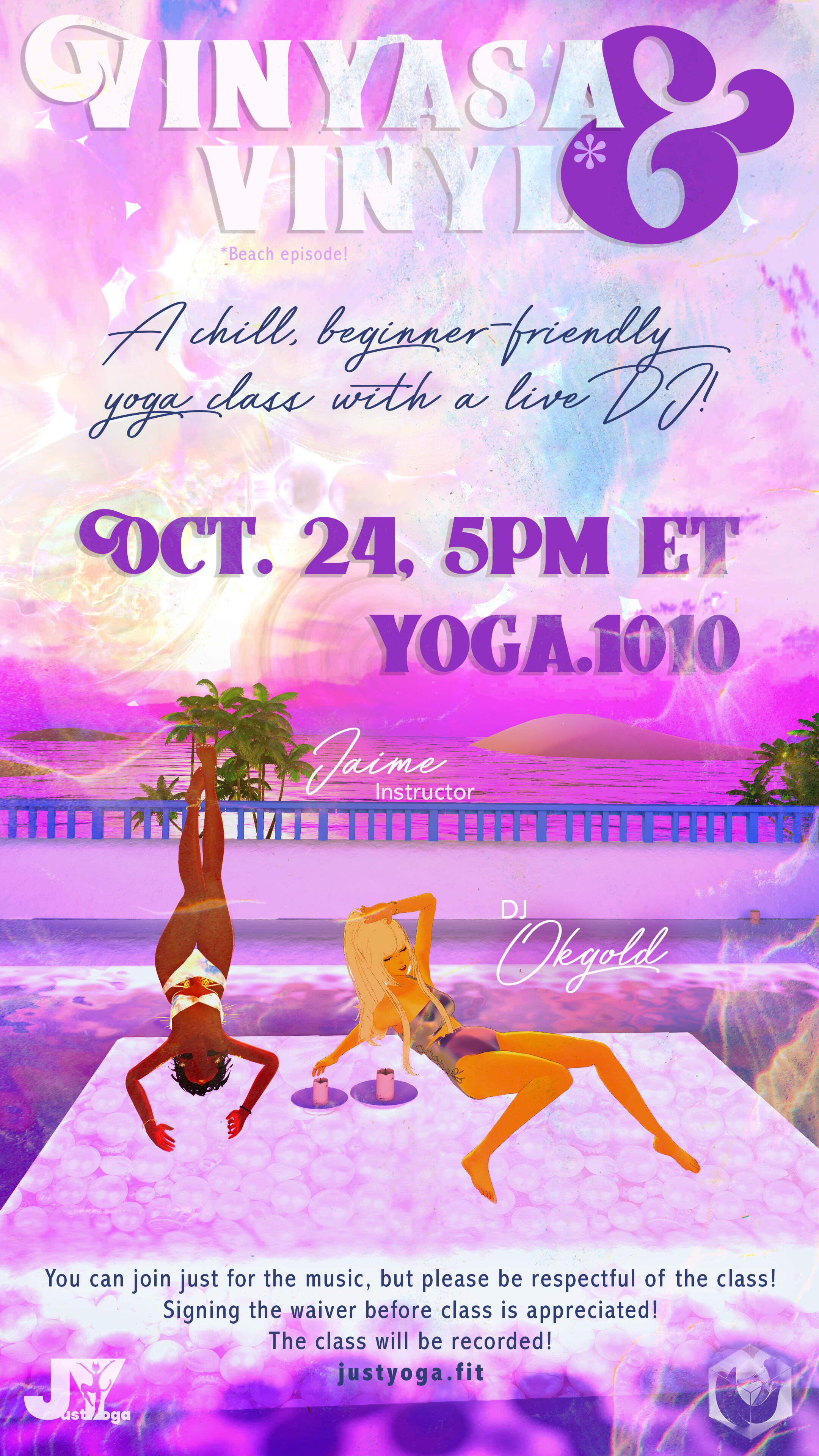 Vinyasa & Vinyl 3: Beach Episode! The third installment of Vinyasa & Vinyl, a chill, beginner-friendly yoga class with a live DJ! DJ: Okgold | Instructor: Jaime * If you plan on participating in yoga, please sign the waiver before class! A verbal waiver will also be given before class begi